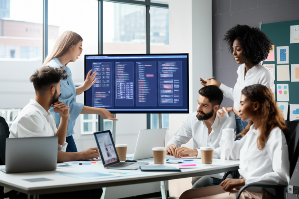 Experienced mobile app developers team collaborating